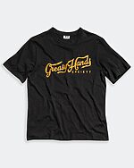 greasy hands society script black tee with gold font