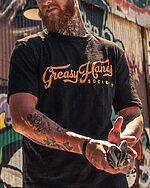 greasy hands society script t-shirt while welding