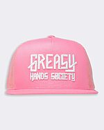 greasy hands society pink with white text logo hat