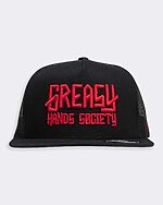 black hat with red greasy hands society logo