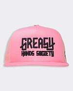 greasy hands society pink with black text logo hat