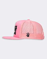 pink greasy hands society hat with black logo sideview