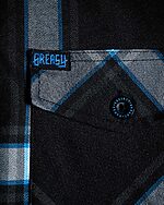 gravity fed flannel black, grey, and blue flannel pocket and pattern detail