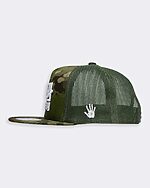 camo logo hat side profile showing greasy hands hand