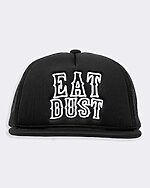 eat dust white text on black hat