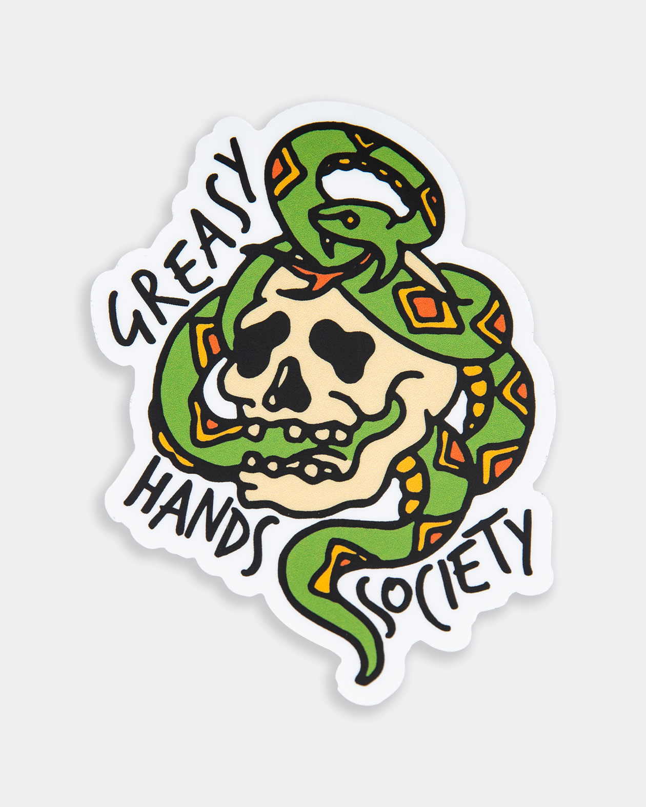 greasy snake grip on a skull graphic sticker