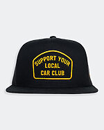 support your local car club black hat with patch in gold stitching