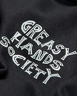 greasy hands society front graphic on black hoodie